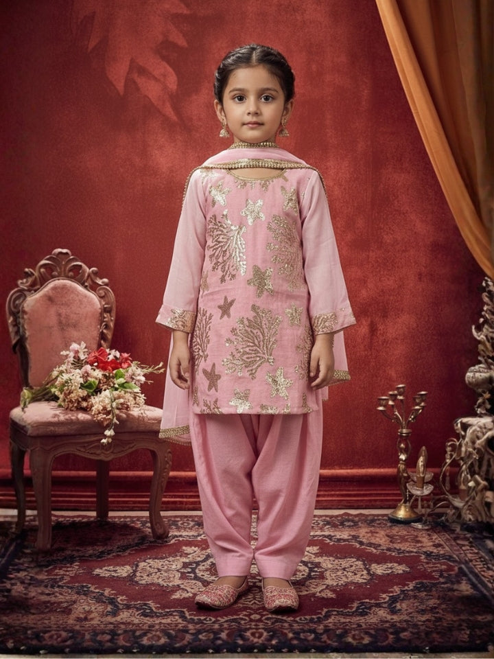 Girls Light Pink Cotton Salwar Kurti with Dupatta (Set of 3)