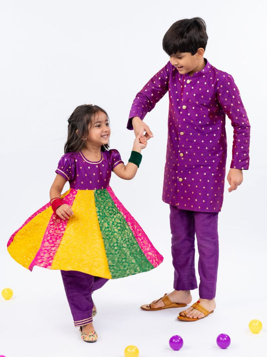 Kids Purple Kurta Pant & Girls Anarkali Suit for Weddings & Festivals