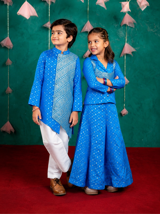 Midnight Blue Boys Kurta Pant & Girls Blazer Palazzo Sibling Set