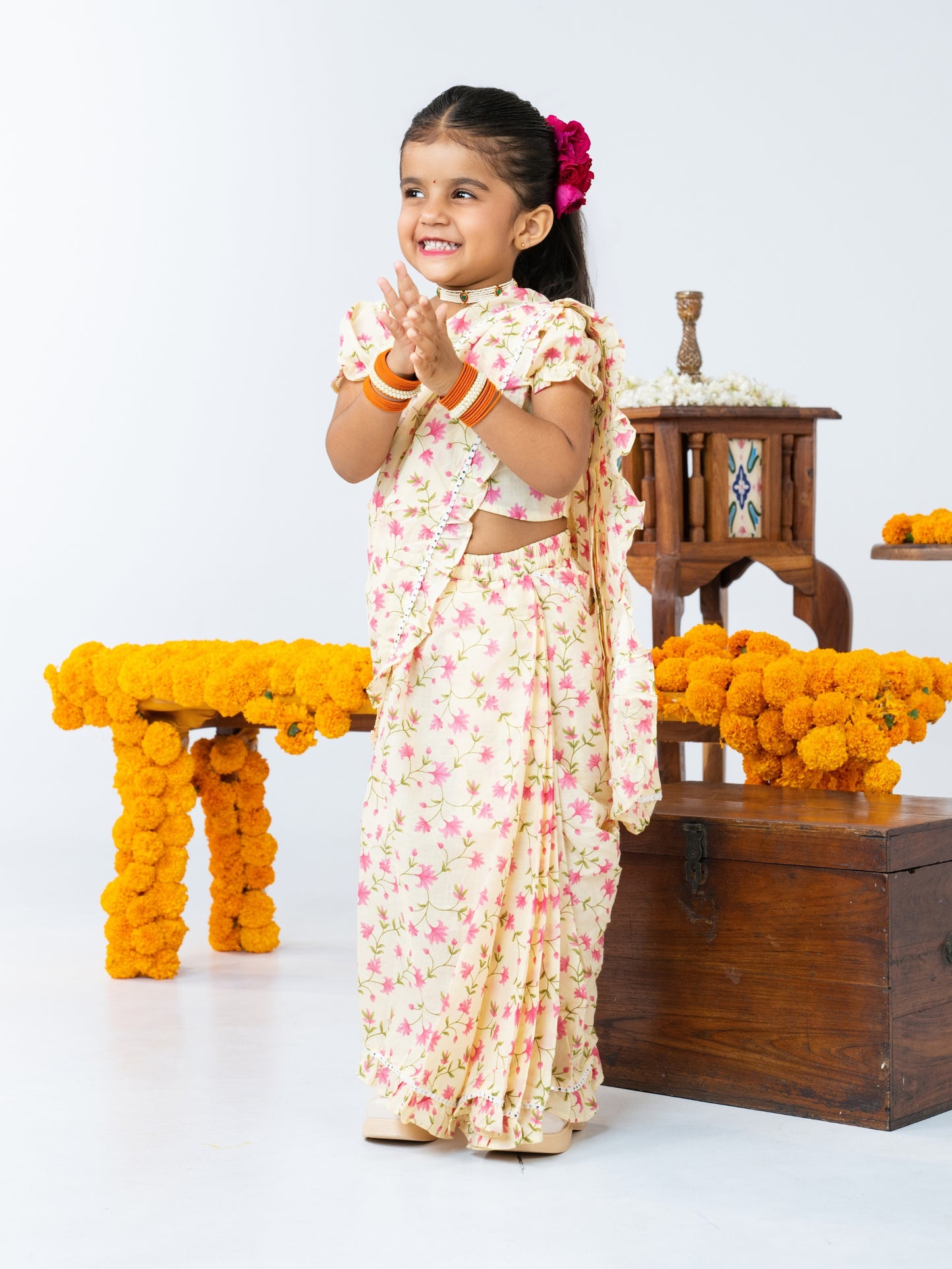 Off White Floral Pre-Stitched Cotton Saree for Girls