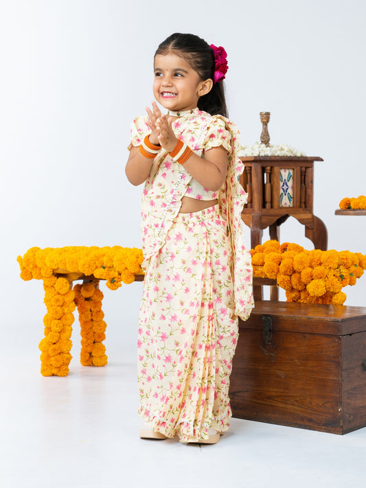 Off White Floral Pre-Stitched Cotton Saree for Girls