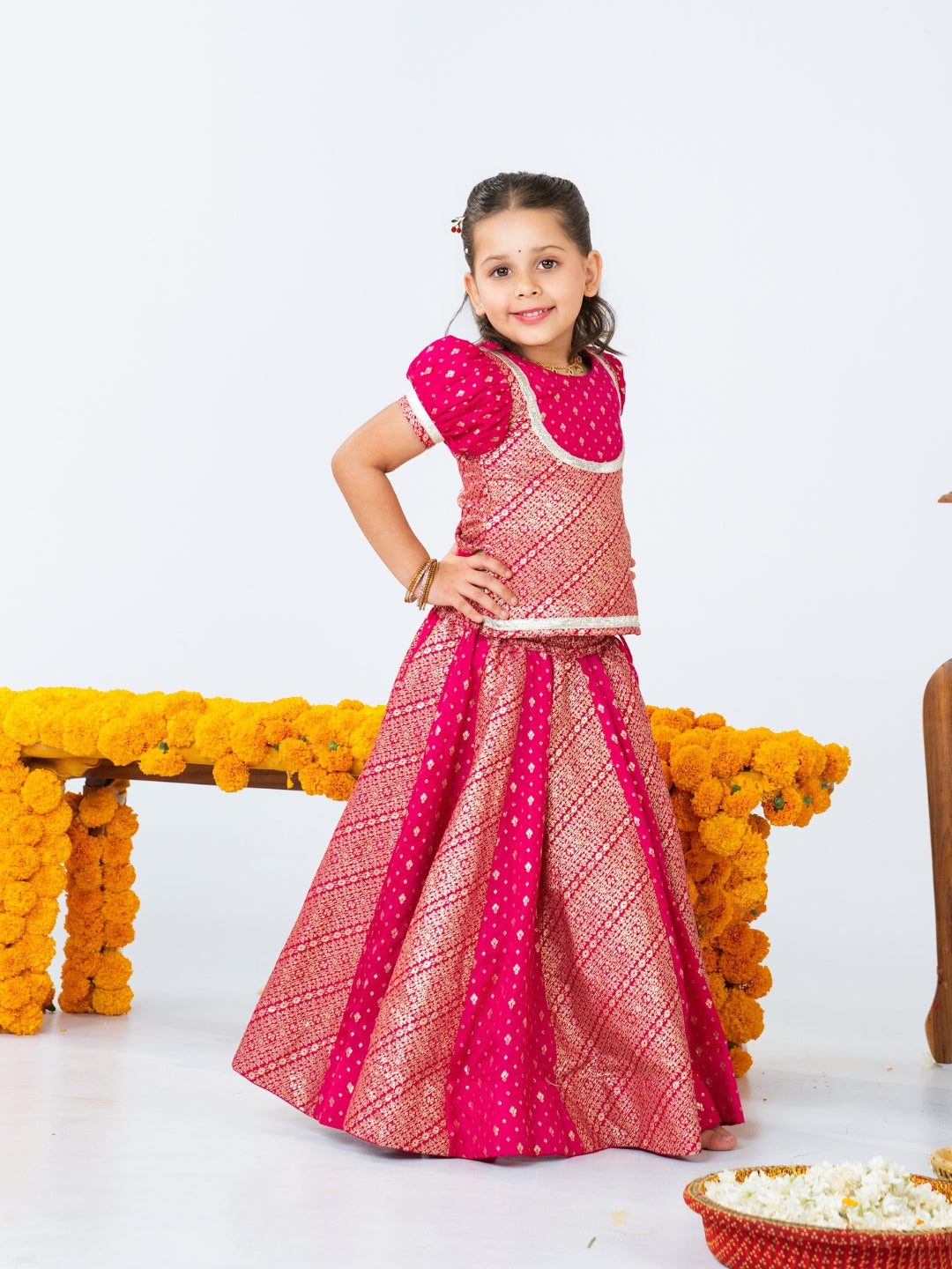 Pink Short Sleeve Top with Lehenga (Set of 2)