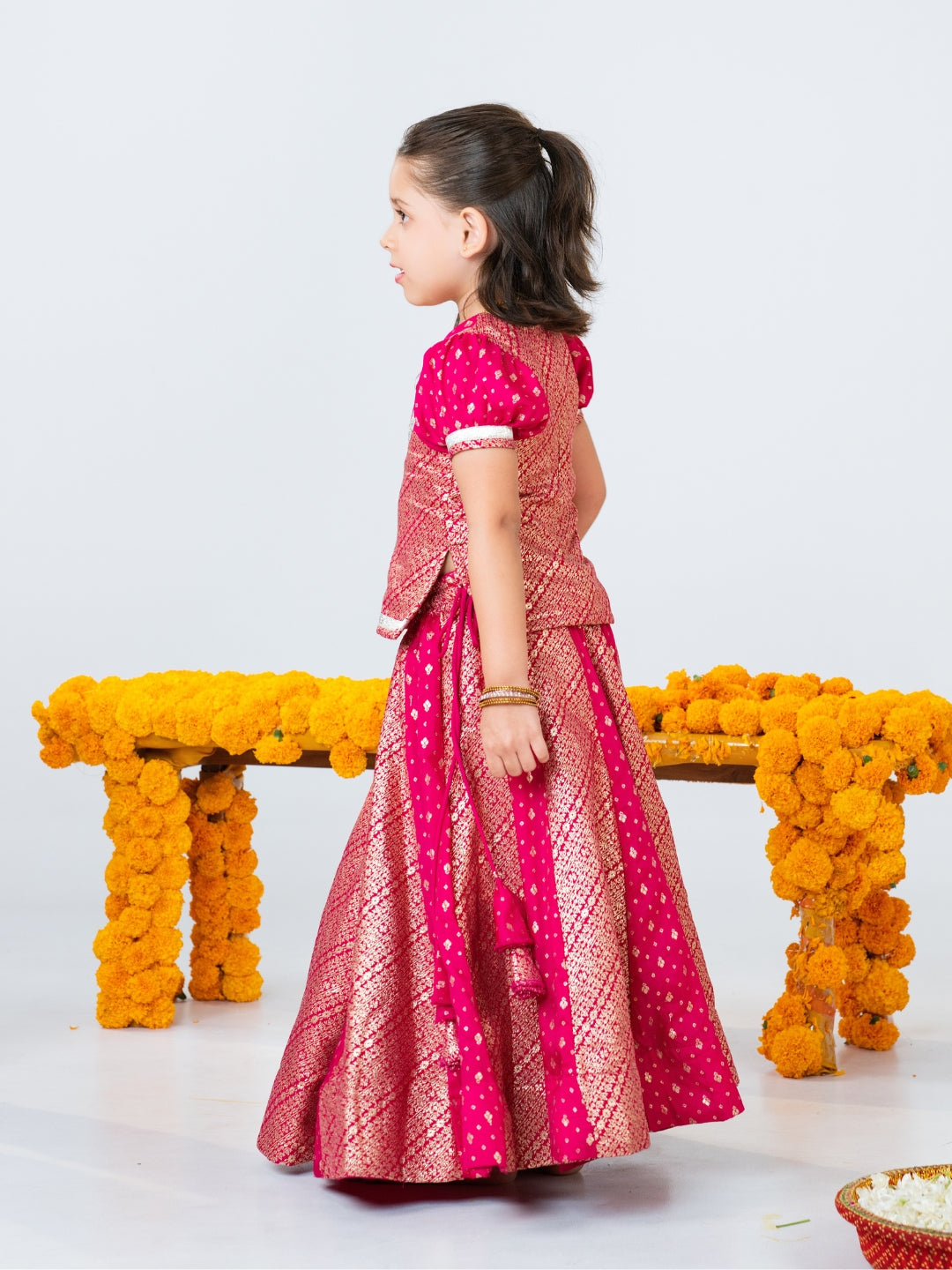 Pink Short Sleeve Top with Lehenga (Set of 2)