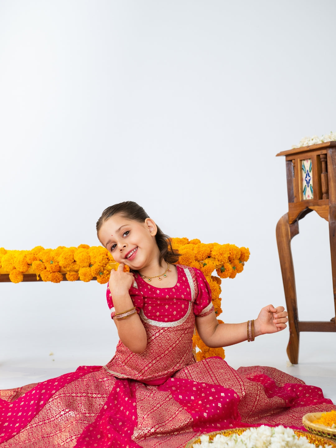 Pink Short Sleeve Top with Lehenga (Set of 2)