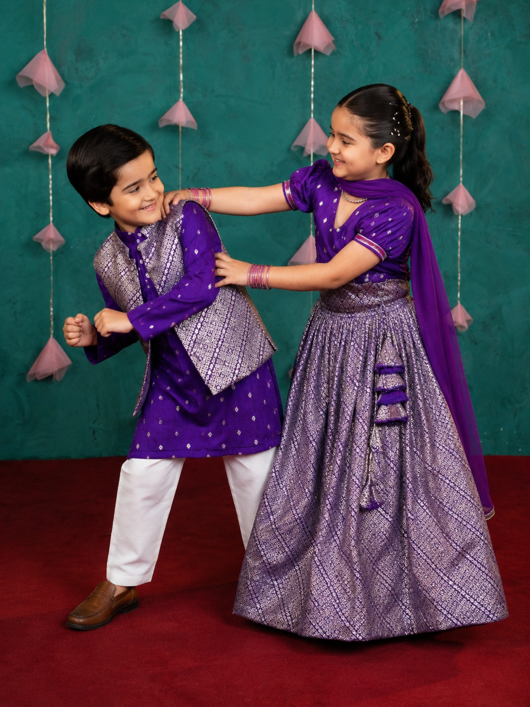 Purple Festive Sibling Kurta & Lehenga Outfit