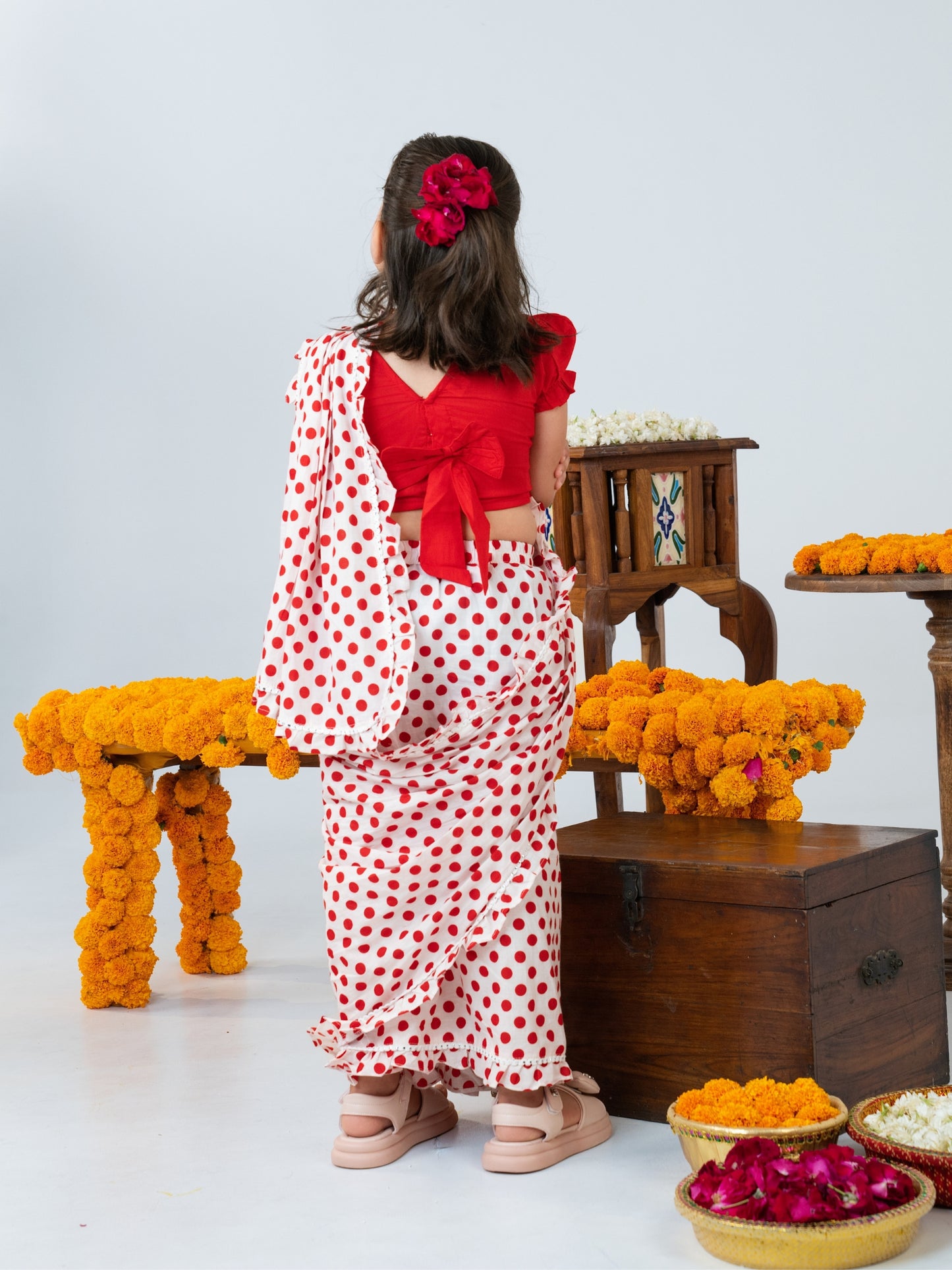 Red Polka Pre-Stitched Cotton Saree for Girls