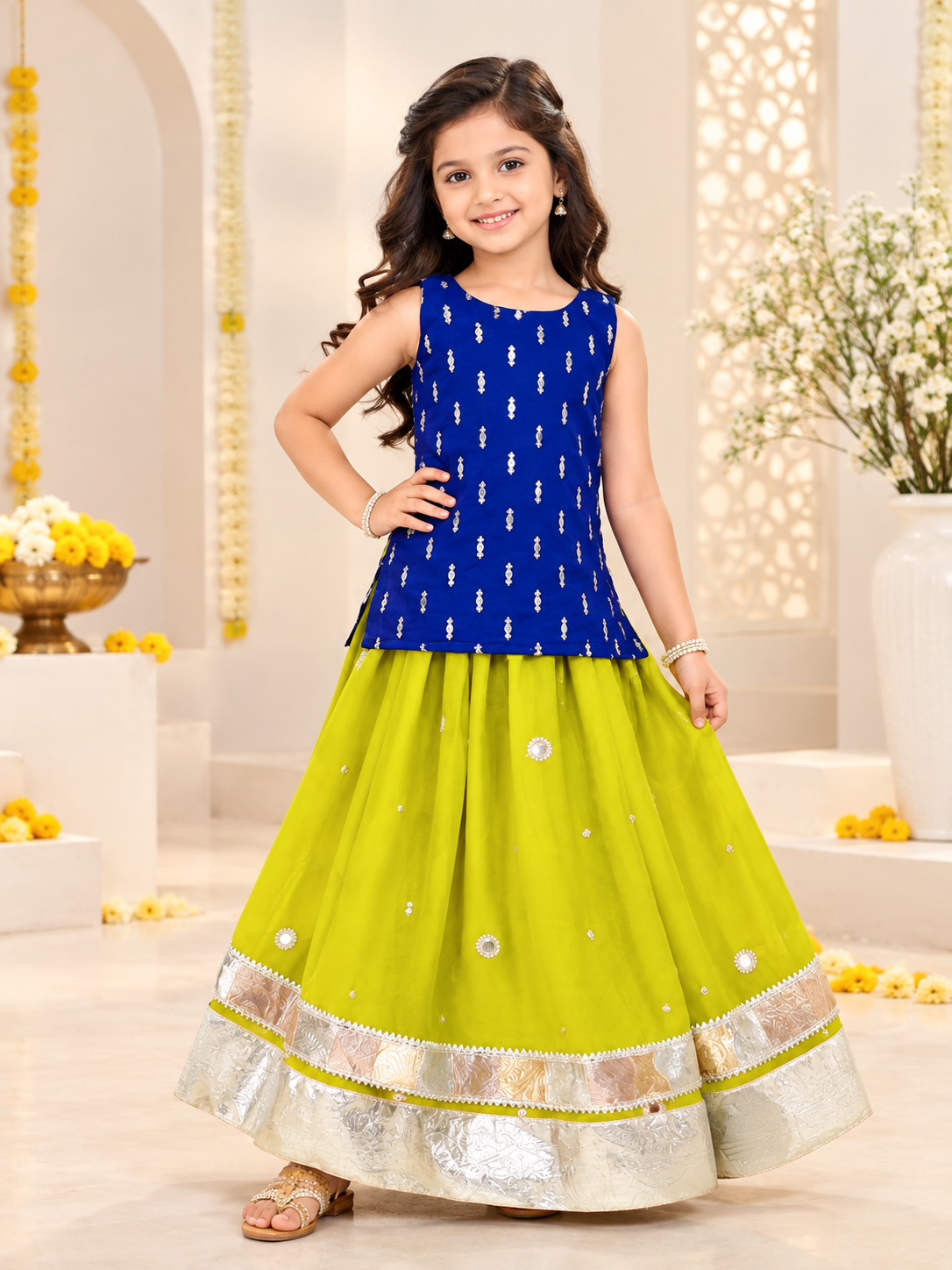 Royal Blue Sleeveless Kurti with Bright Green Lehenga for Girls (Set of 2)