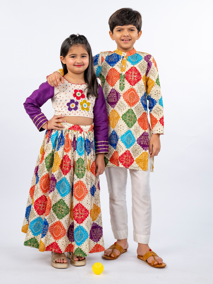 Vibrant Multi-Color Sibling Kurta & Lehenga Choli Set