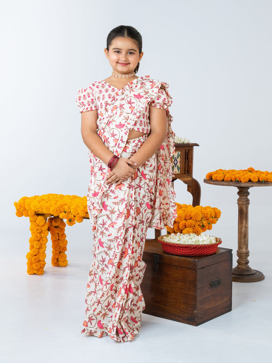 White Floral Pre-Stitched Cotton Saree for Girls