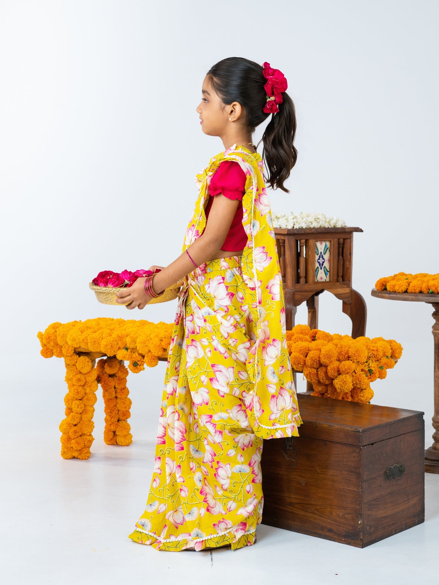 Yellow Floral Ready to Wear Cotton Saree for Girls