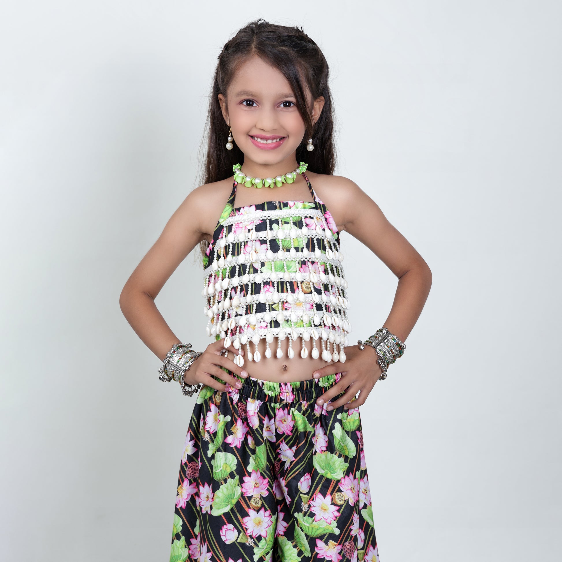 Girls Ethnic Green & Black Palazzo With Blouse