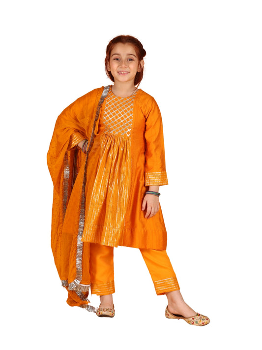 Jilmil Girls Anarkali Neon Orange Silk Dress with Pant & Dupatta (set of 3)