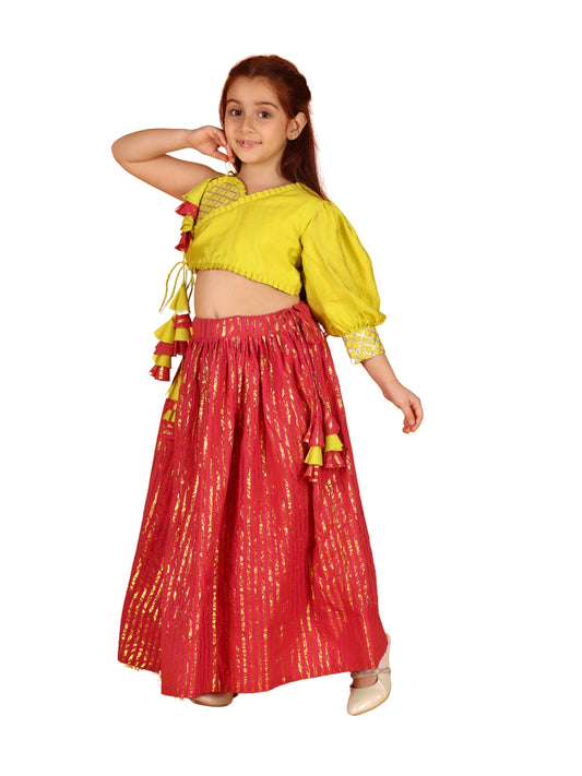 Jilmil Girls Gota Work Neon Yellow Top And Elegant Tassels Embellished Flared Lehenga (set of 2)