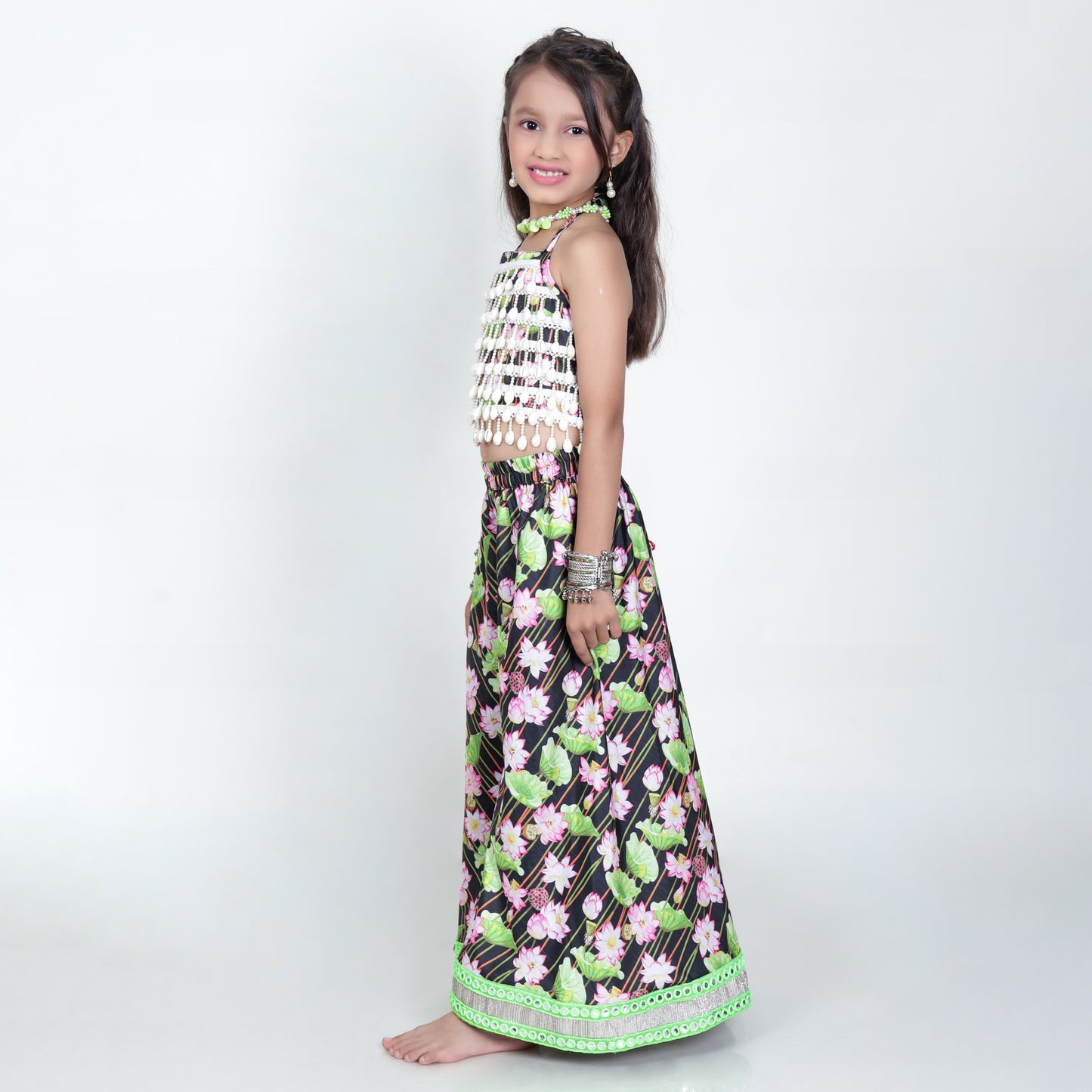 Girls Ethnic Green & Black Palazzo With Blouse
