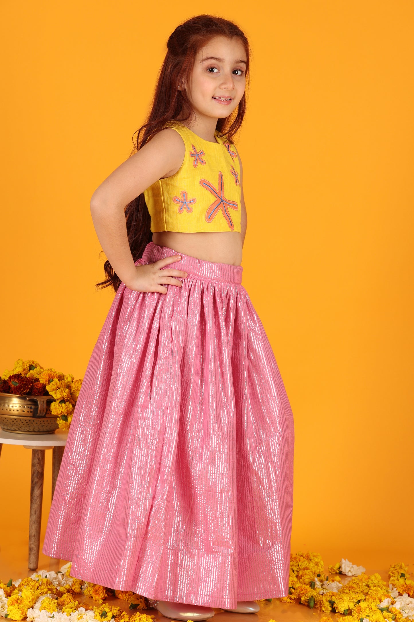 Jilmil Girls Yellow Stars Embroidered cotton crop top with Pink lehenga (set of 2)