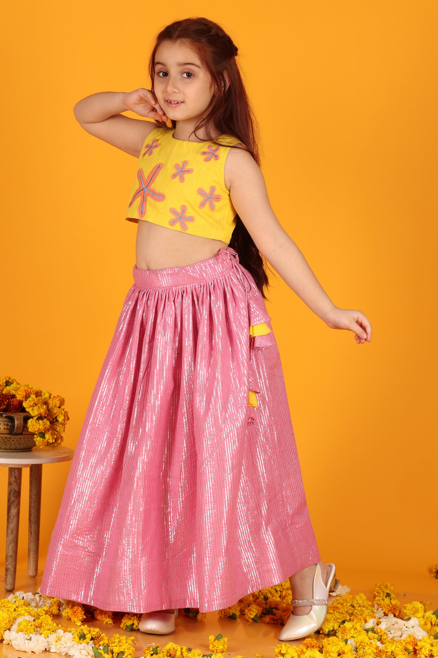 Jilmil Girls Yellow Stars Embroidered cotton crop top with Pink lehenga (set of 2)