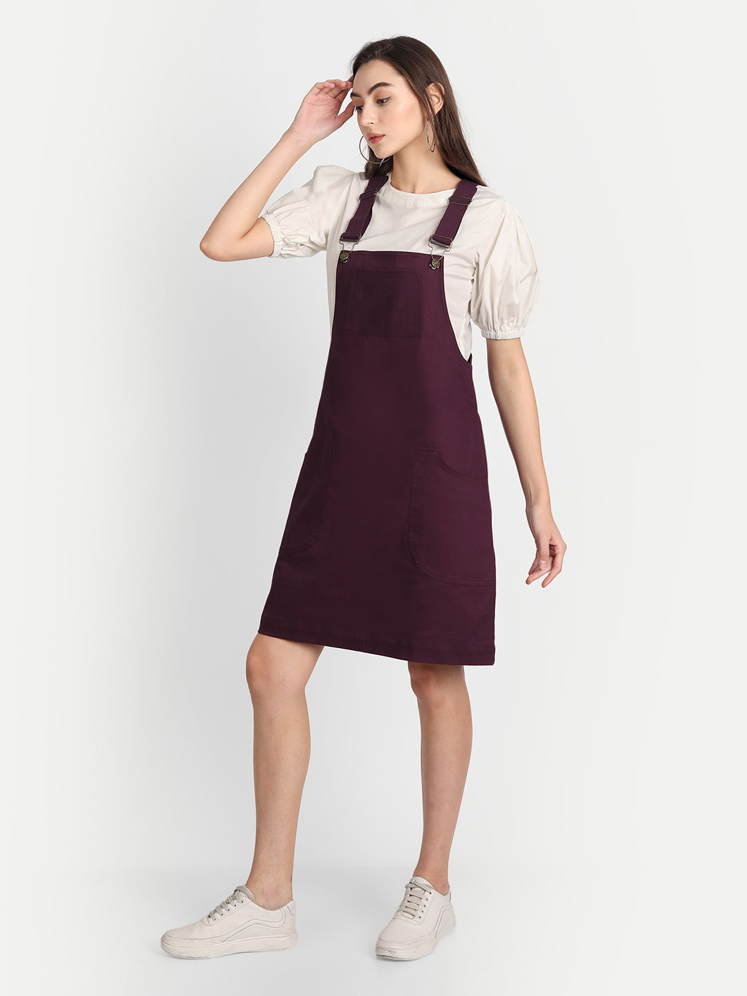 Purple Solid Corduroy Dungaree Dress With Blouse