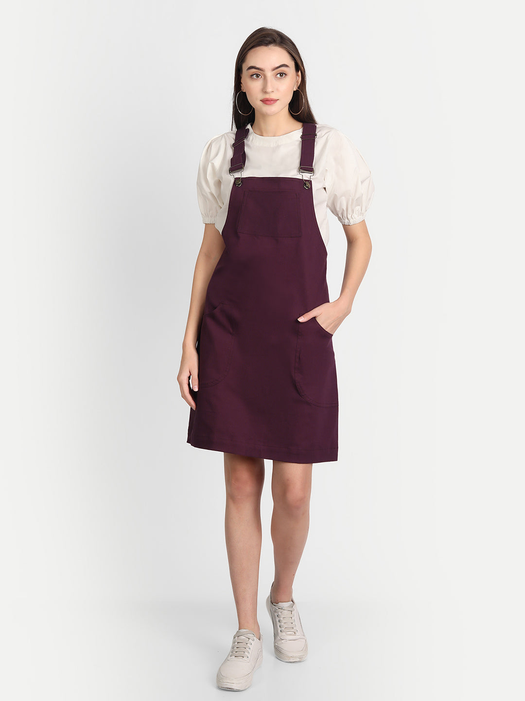 Purple Solid Corduroy Dungaree Dress With Blouse