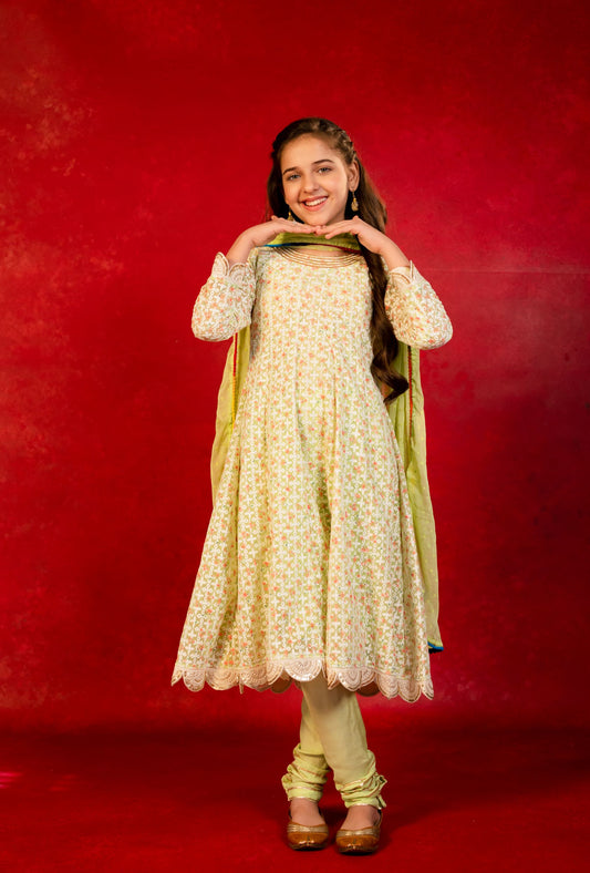 Green Chikankari Girl Set