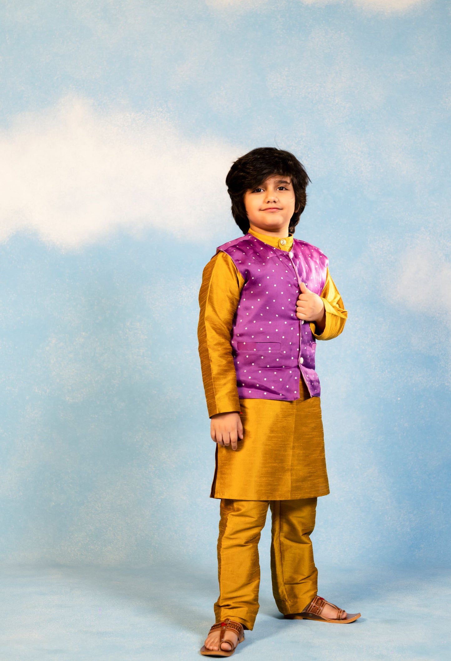 Boy (Set of 3) Mustard Silk Kurta set with Purple Ethnic Jacket