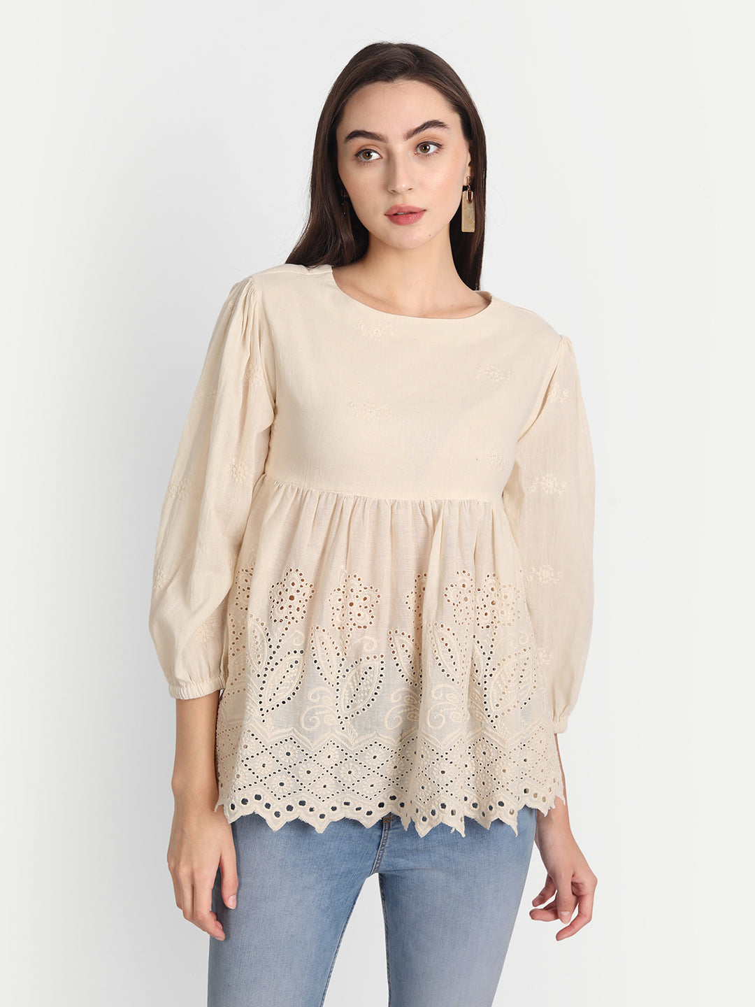 Schiffli Self Design A-Line Pleated Cotton Top – Jilmil