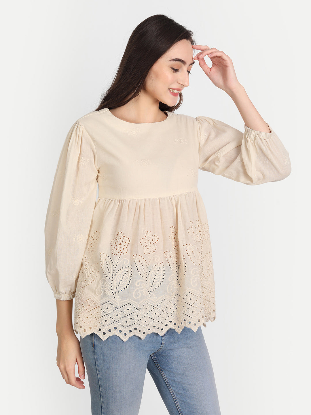 Schiffli Self Design A-Line Pleated Cotton Top – Jilmil