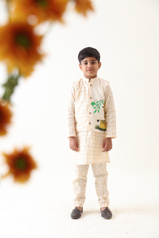 Boys Golden Checks Cotton Kurta Set With Hand-painted Nehru Jacket