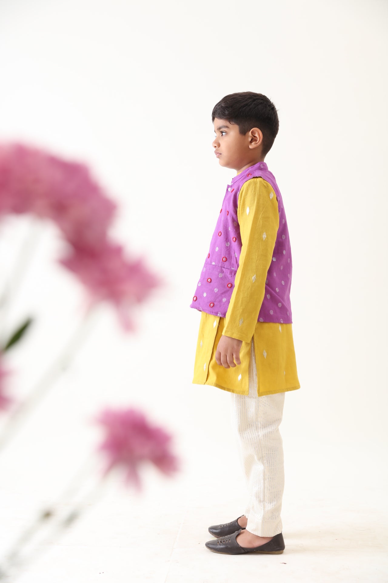 Boys Cotton Lurex Purple Bead Work Nehru Jacket With Yellow Kurta And Silver Striped Pant