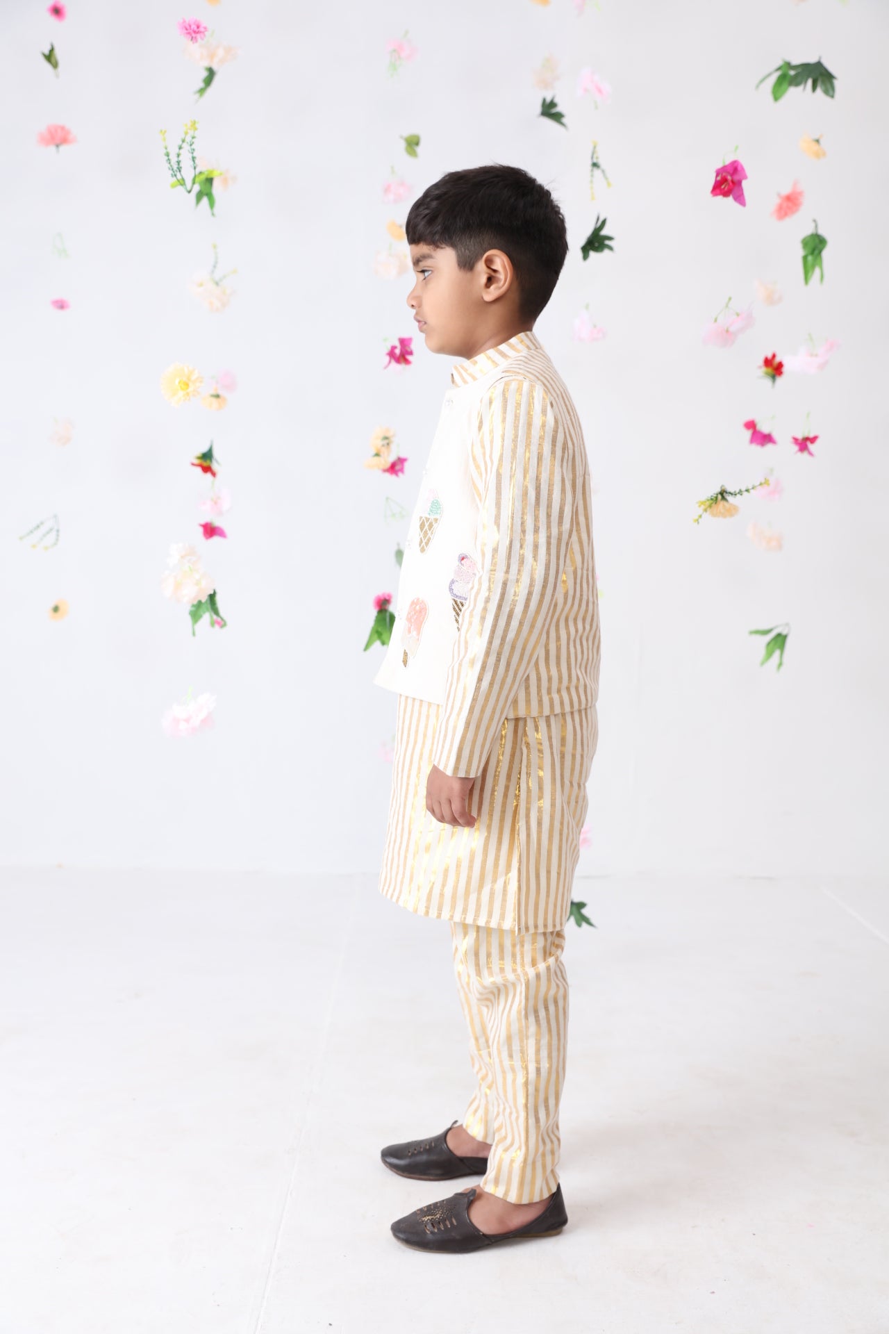 Boys Cotton Lurex Hand Embroidery Nehru Jacket With Cotton Golden Stripes Kurta And Pant