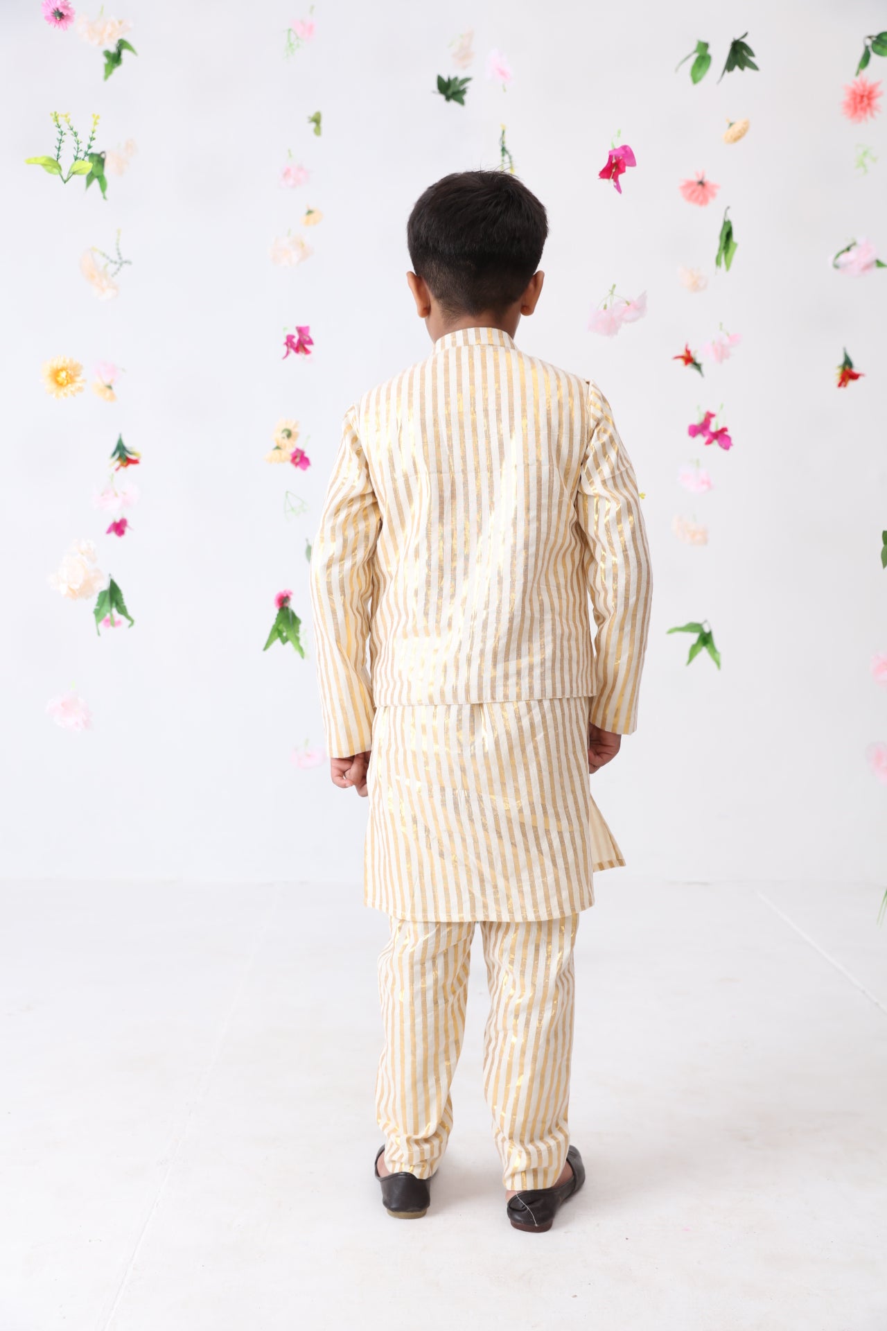 Boys Cotton Lurex Hand Embroidery Nehru Jacket With Cotton Golden Stripes Kurta And Pant