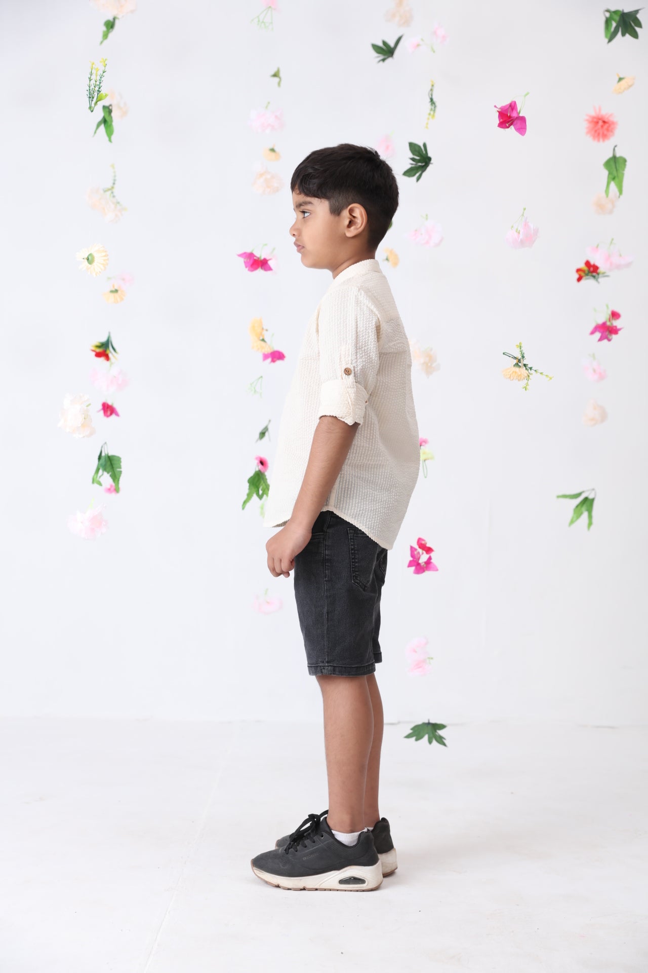 Boys Cotton Seersucker Roll-up Sleeves Shirt