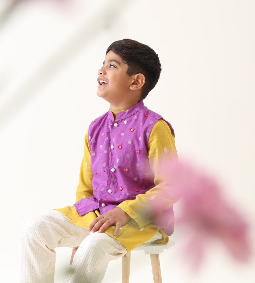 Boys ( set of 1)  Purple Cotton Hand-Embroidered Nehru Jacket