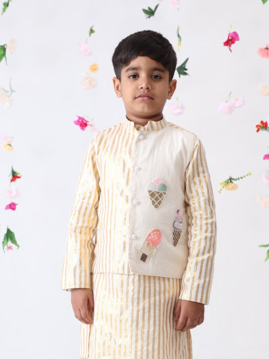 Boys (set of 1)  Off-white Cotton Hand Embroidered Nehru Jacket
