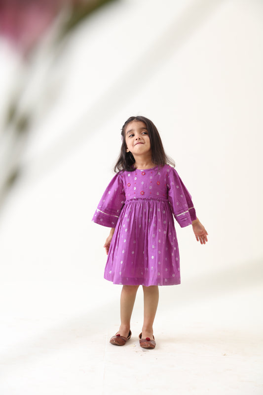 Girls Purple Cotton Lurex Handcrafted Dress