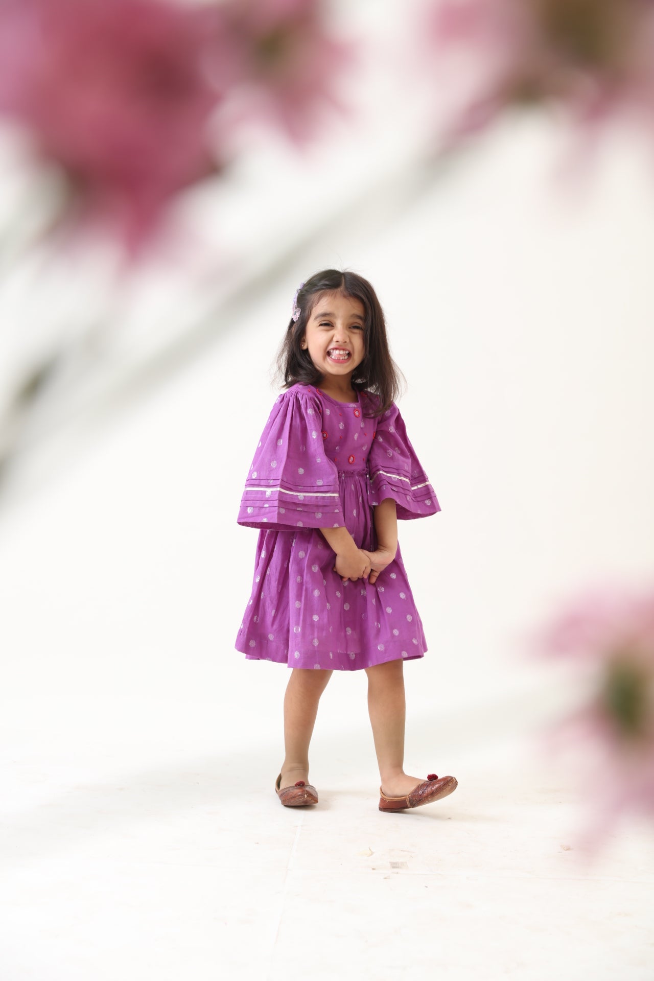 Girls Purple Cotton Lurex Handcrafted Dress