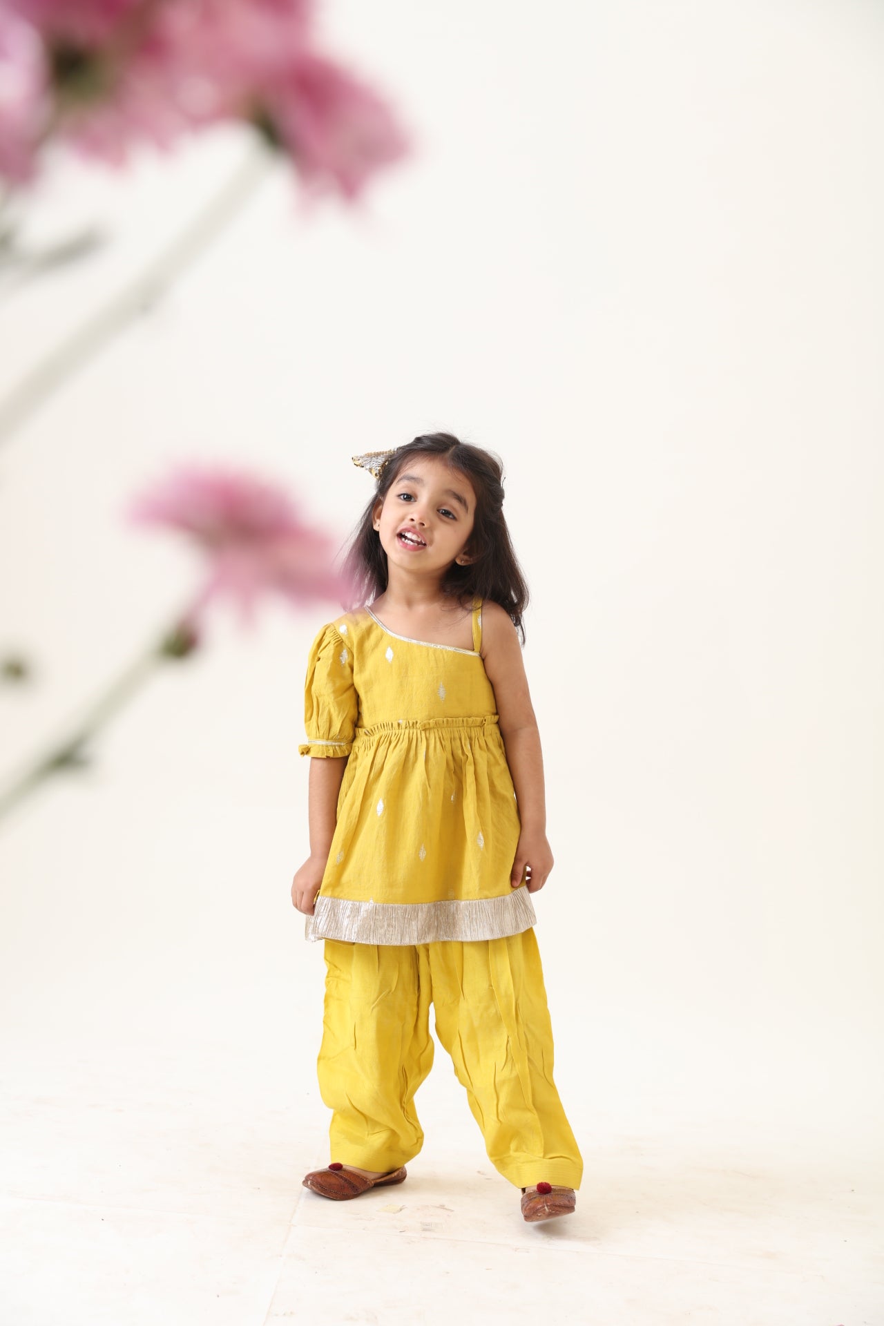 Girls Yellow Cotton Lurex Flounce Kurta Pyjama