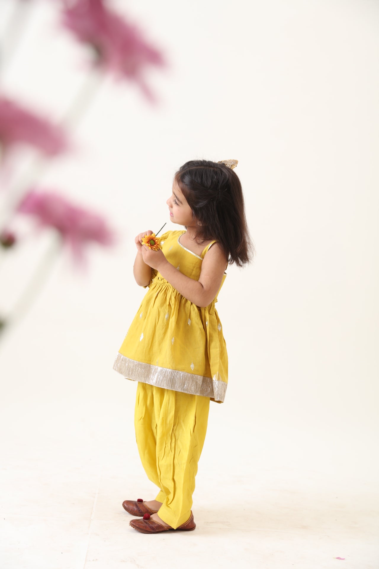 Girls Yellow Cotton Lurex Flounce Kurta Pyjama