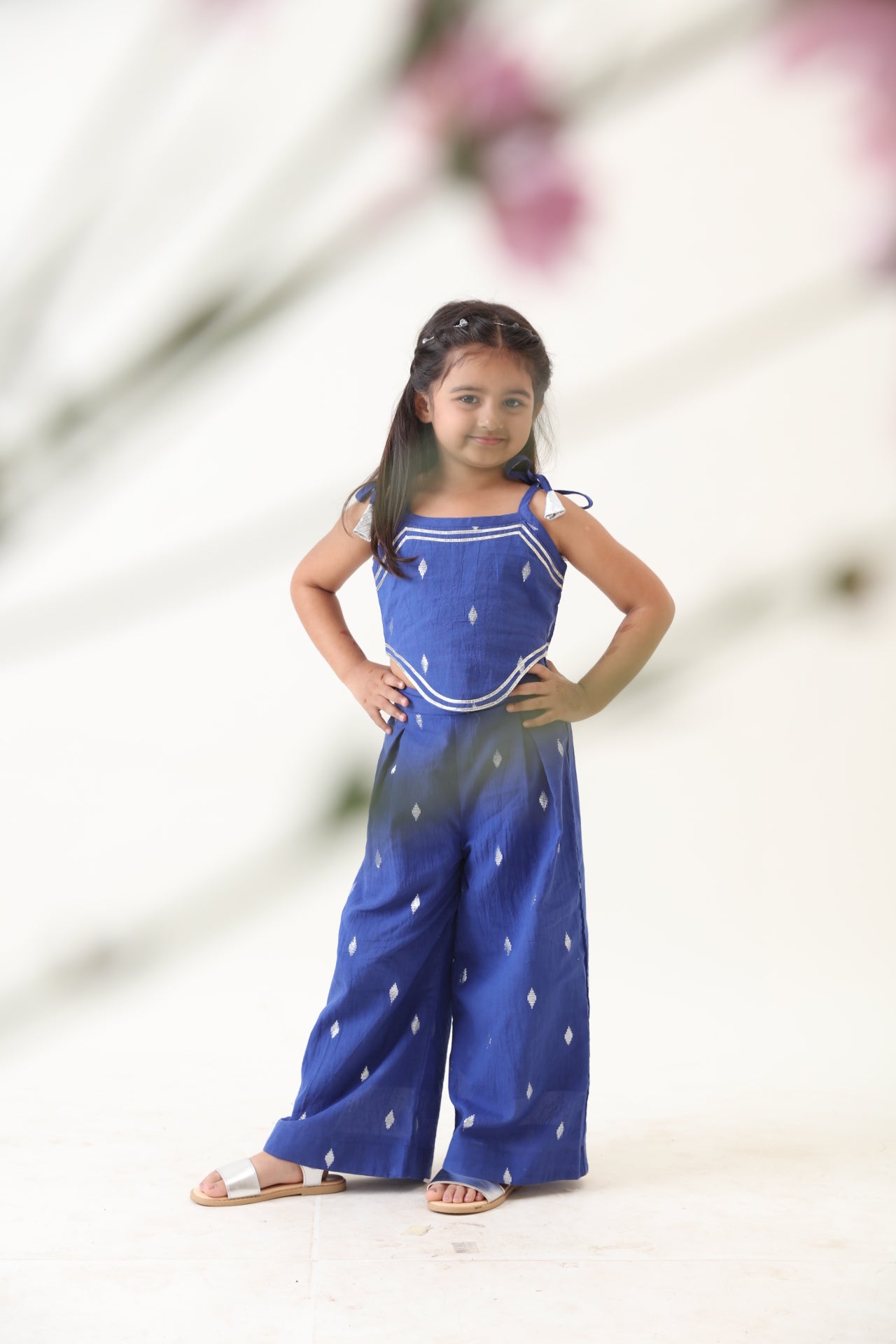 Girls Blue Cotton Silver Lurex Top With Palazzo