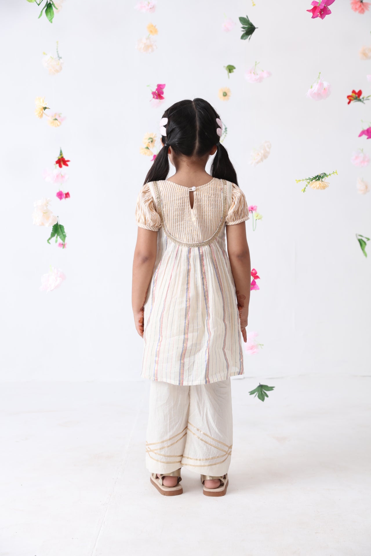 Girls Multicolored Lurex Kurta With Cotton Lace Stitched Palazzo