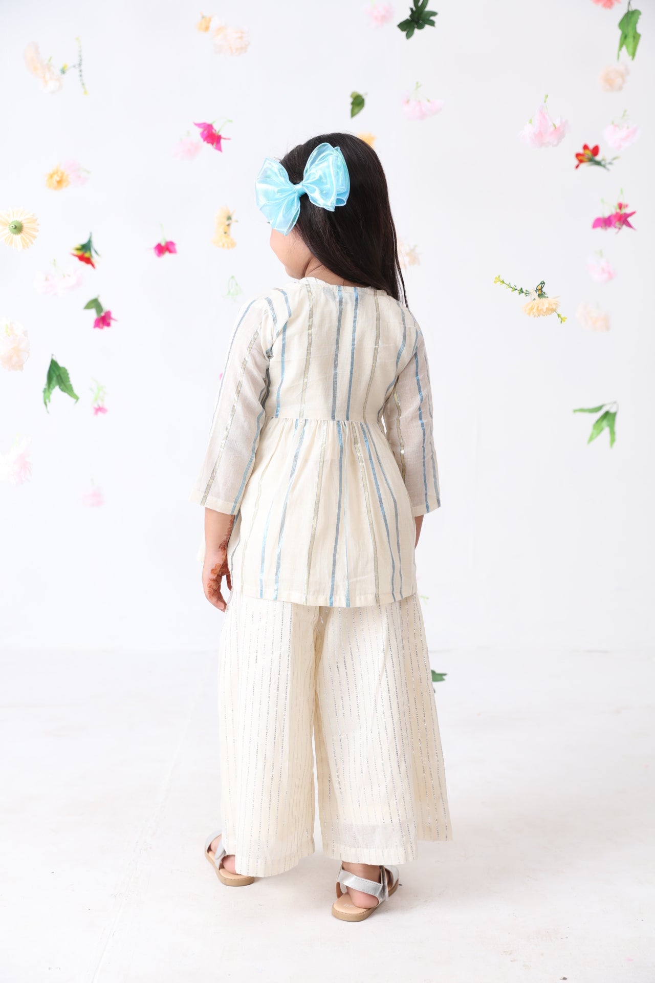 Girls Blue Cotton-Lurex Overcoat With Silver Lurex Stripe Top & Palazzo