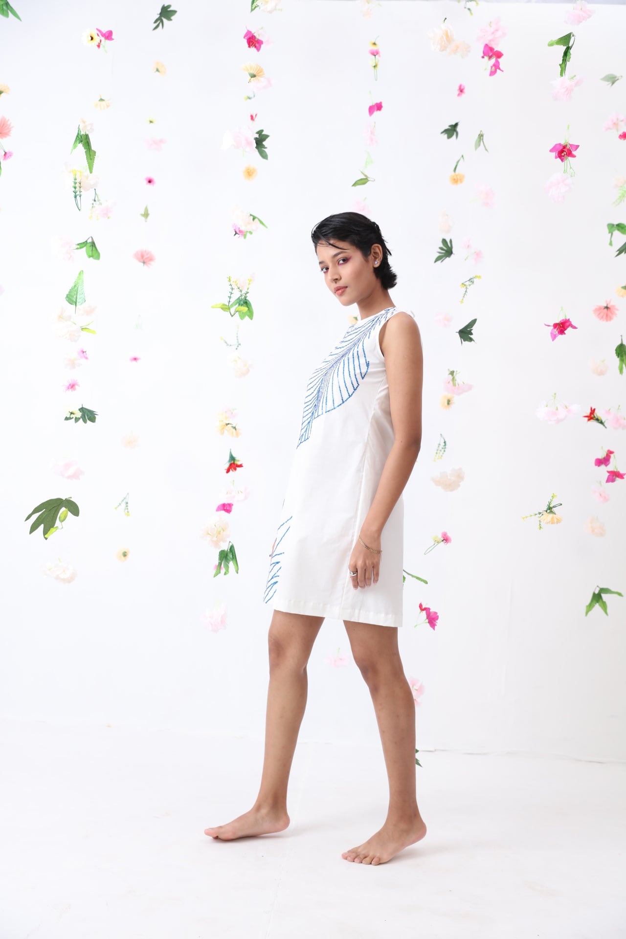 Blue Leave Embroidered cotton dress