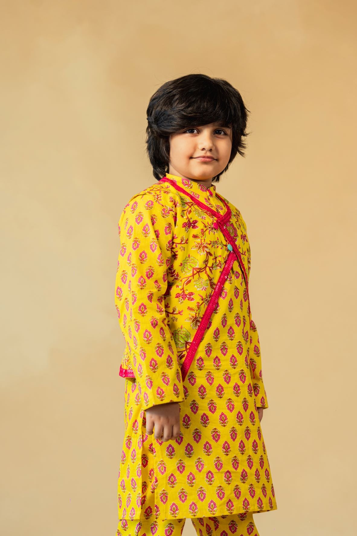 Boy (set of 3) Cotton Printed Kurta Set With Ethnic Jacket